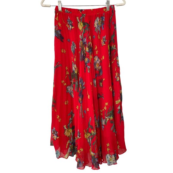 Vince Camuto Midi Skirt Size XS Pleated Elastic Waist Fireball Floral Red Boho - Picture 3 of 8